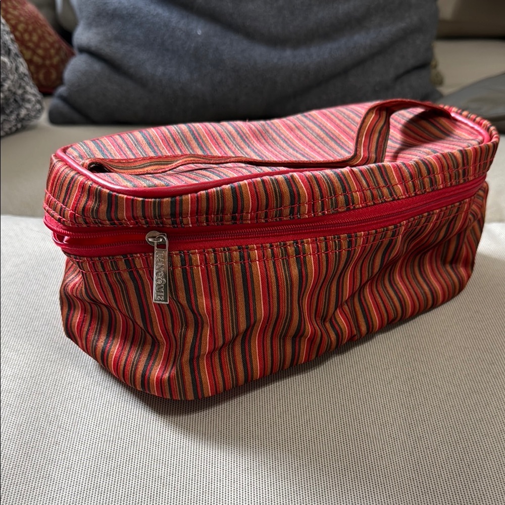Lancôme Striped Red and Brown Cosmetic Bag